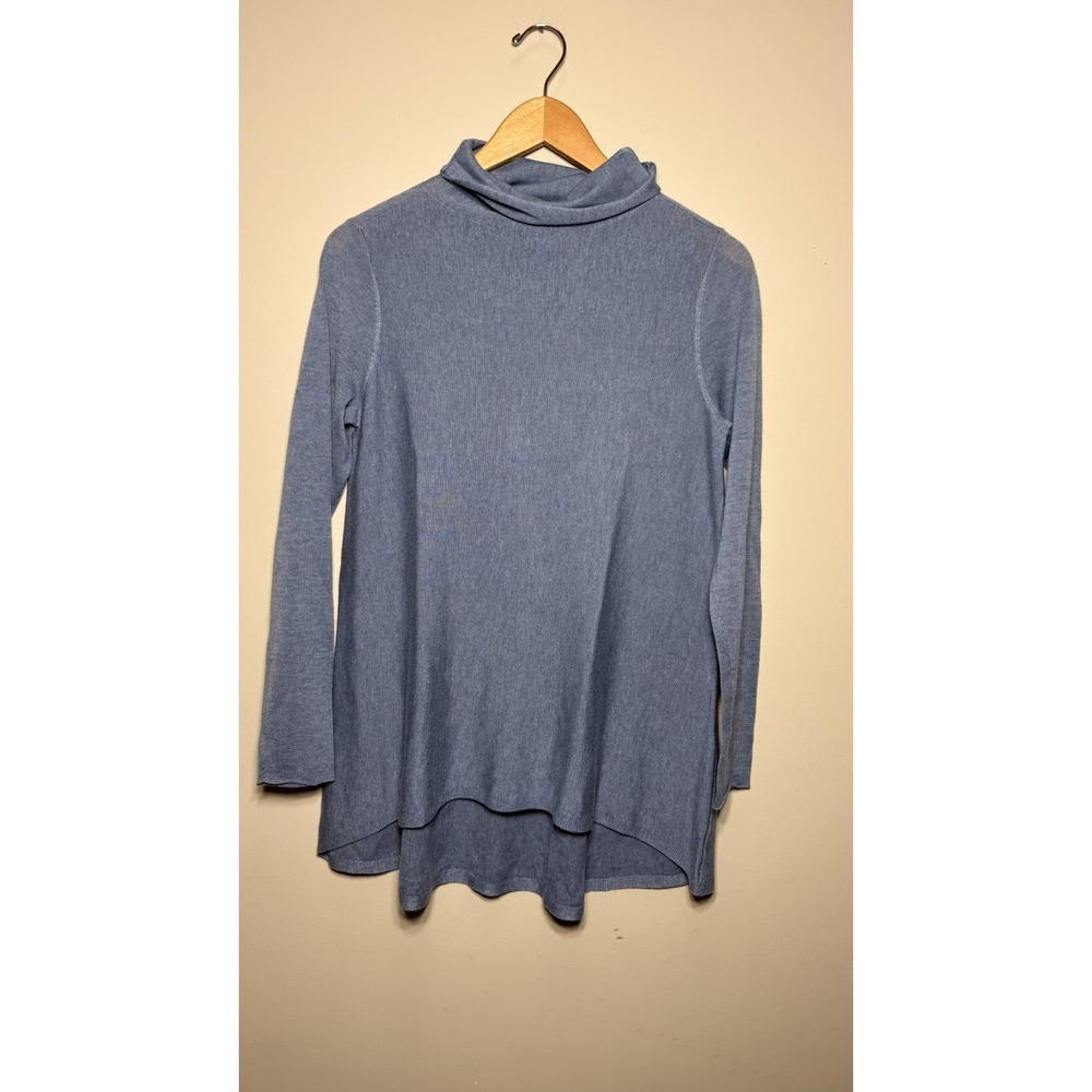 Eileen Fisher Merino Wool Jersey Knit Blue Cowl Neck Sweater Sz XS Quiet Luxury